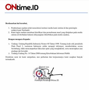 Ontime.id Berikan Hak Jawab 2 hak jawab 2